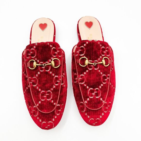 Gucci Princetown Mules Velvet Red GG Horsebit Slipper Size 37.5, 7.5 - Picture 11 of 14